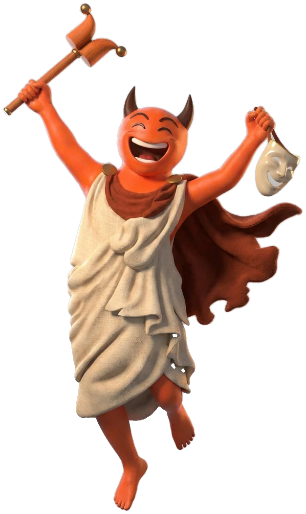 Momus jumping with his scepter raised in celebration